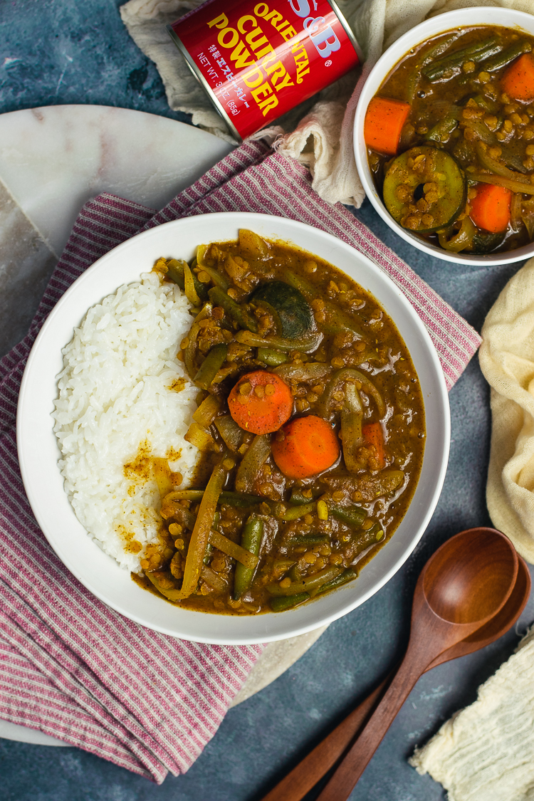 vegan japanese curry served in bowl with rice