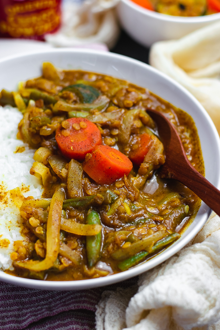vegan japanese curry served in bowl with rice
