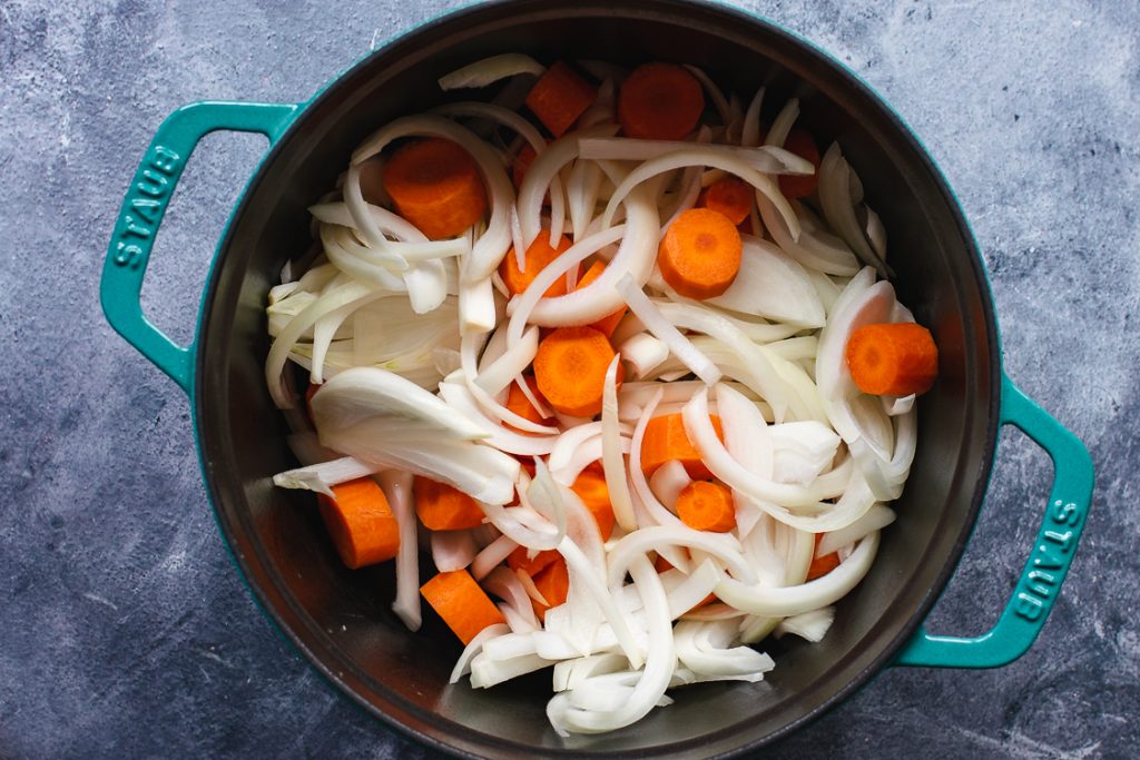 carrots and onions for vegan japanese curry, in pot before cooking