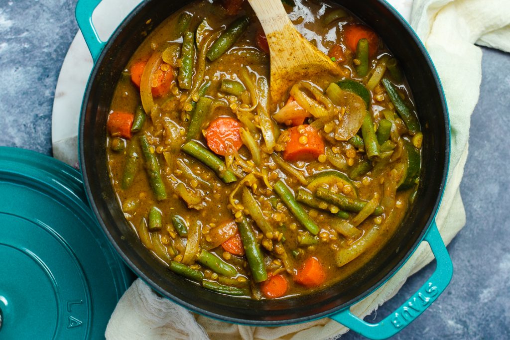 pot full of vegan japanese curry, cooked