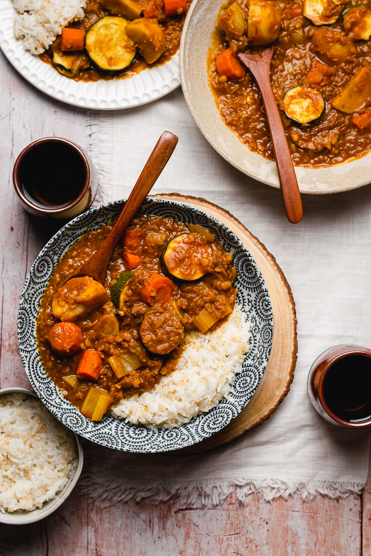 japanese red lentil curry served in bowls with rice