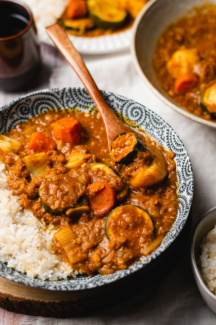 vegan japanese curry in a bowl with rice