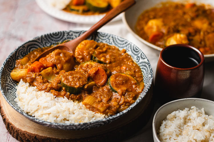 vegan japanese curry in a bowl with rice