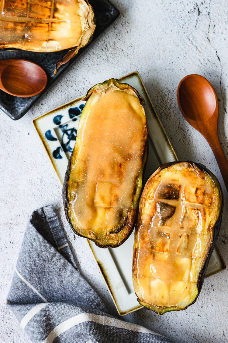 grilled eggplant halves coated in miso glaze