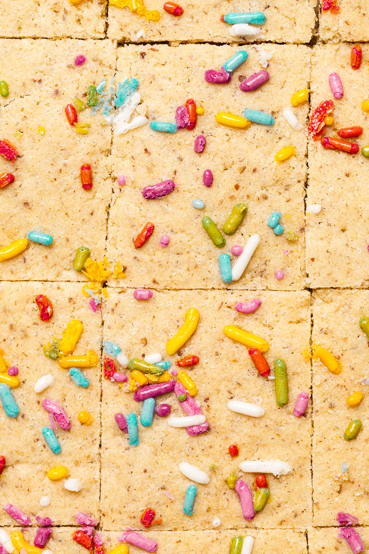 close up overhead shot of sugar cookie bars on baking sheet