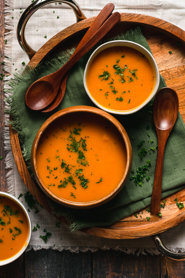 vegan kabocha soup in 3 different bowls