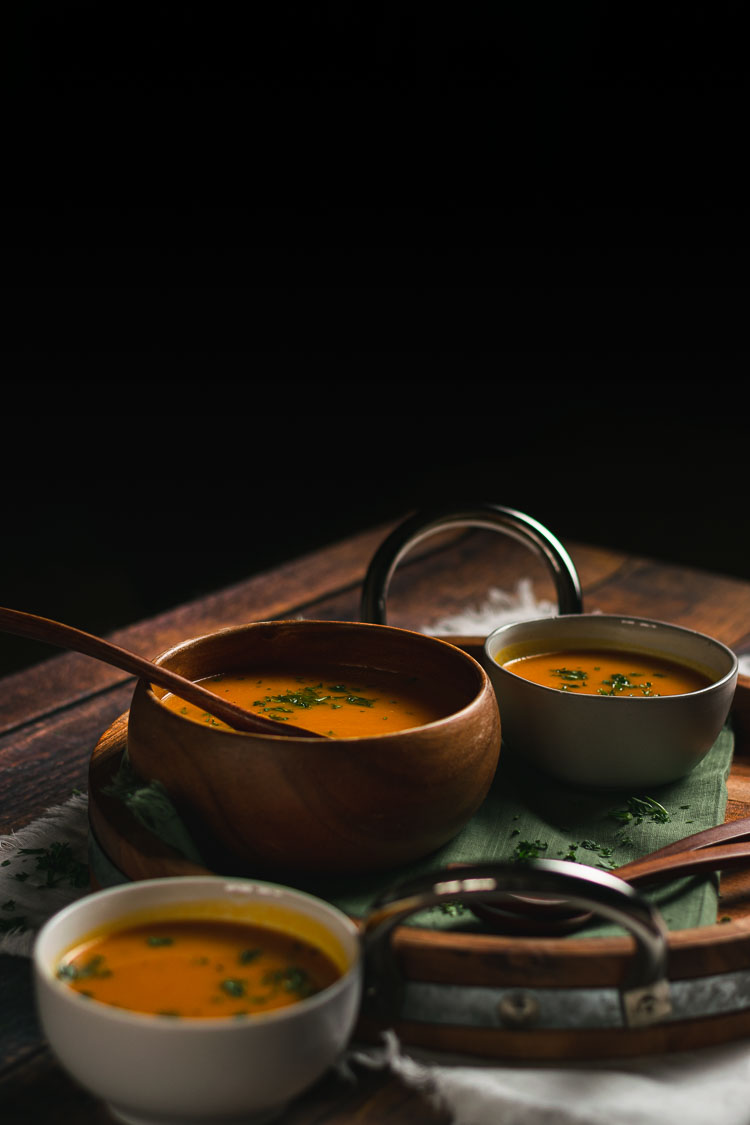 vegan kabocha soup in bowls 