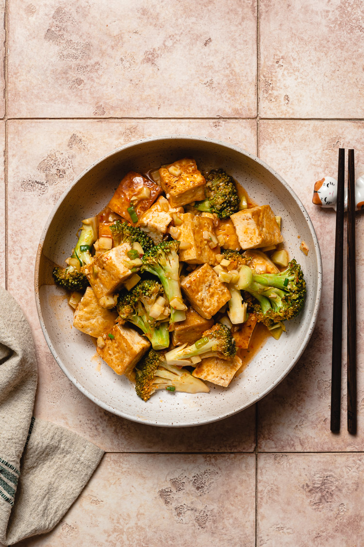 overhead shot of chili sauce tofu in bowl