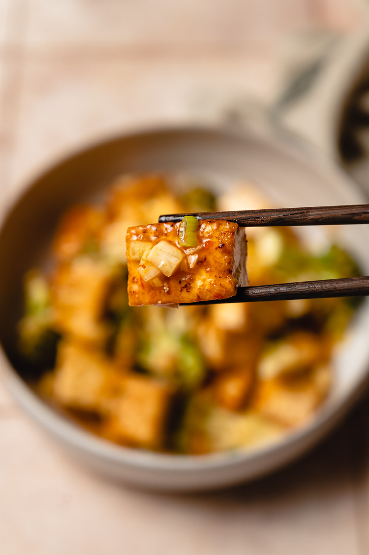 close up chopsticks holding a piece of chili sauce tofu
