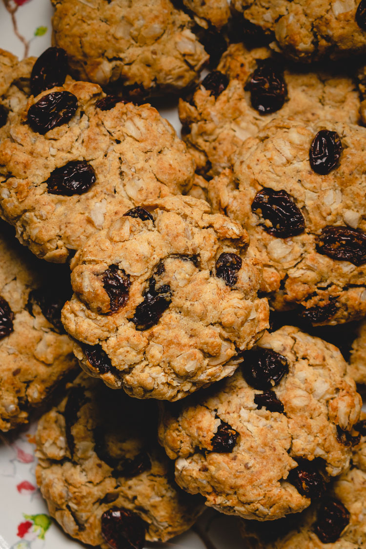 overhead shot of oatmeal raisin cookies on a plate