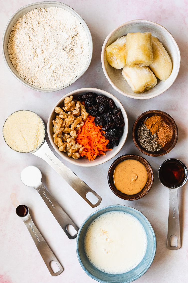 ingredients for vegan carrot banana oat muffins