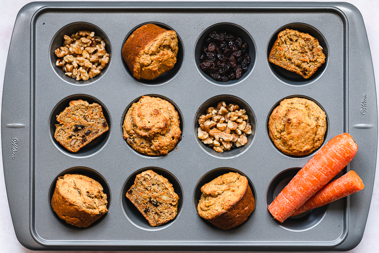vegan carrot banana muffins in muffin tray after baking