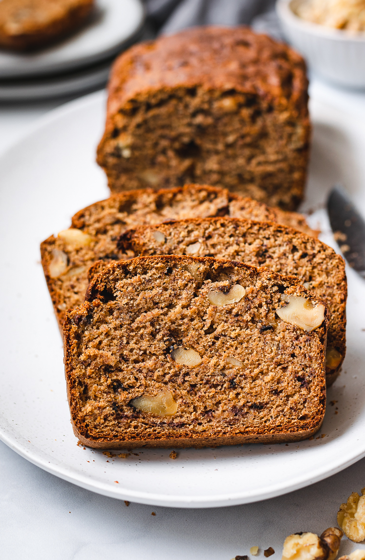 vegan banana bread slices on a plate