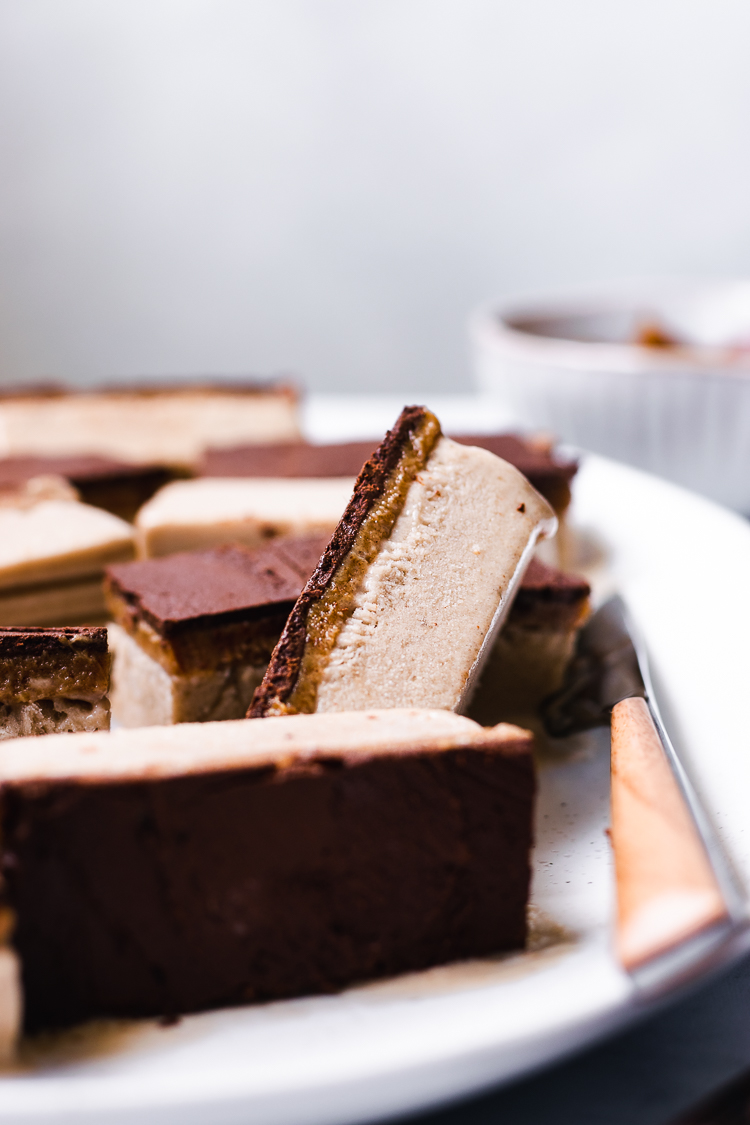 close up of a vegan caramel ice cream bar