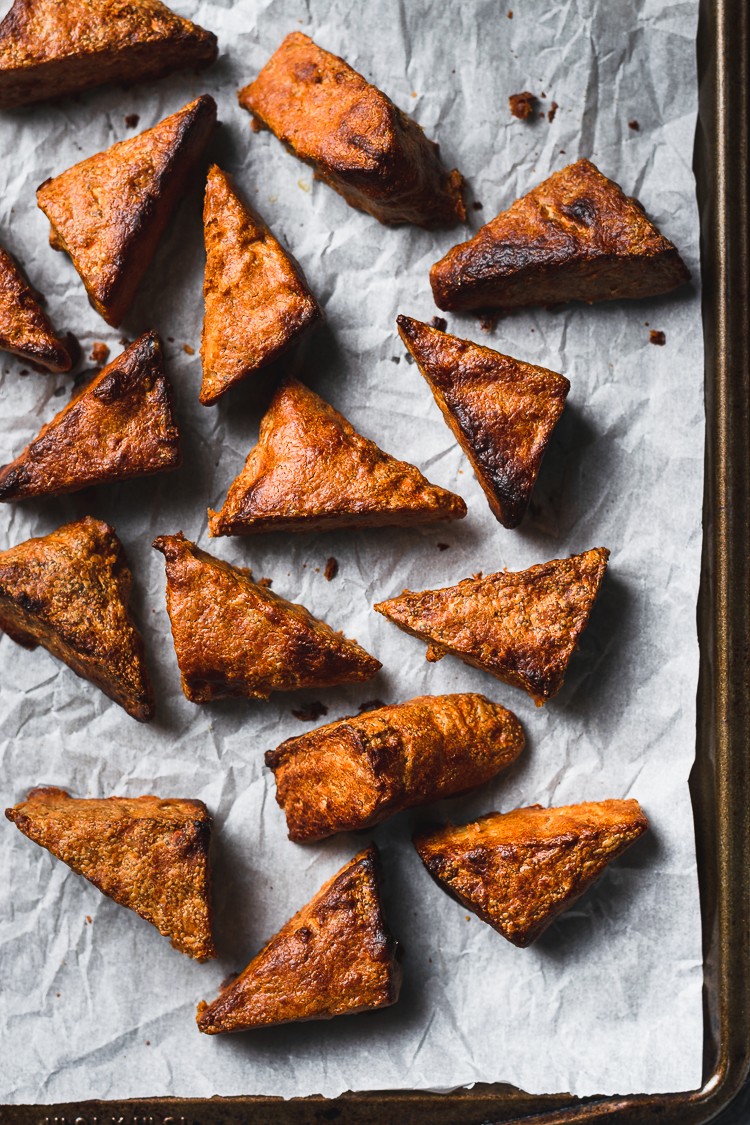 baked hoisin peanut tempeh pieces on a baking sheet