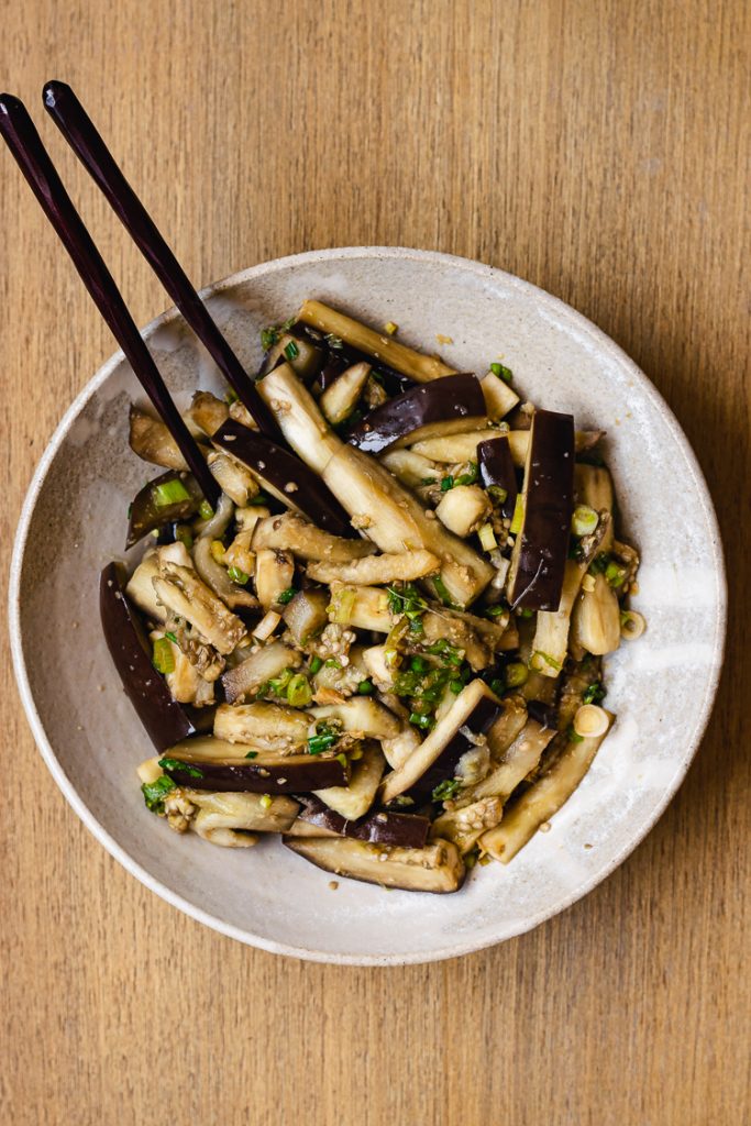 steamed eggplant with green onion dressing mixed in