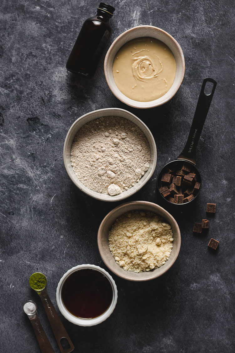 ingredients to make vegan matcha chocolate chip cookies