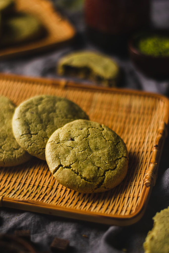 vegan matcha cookies on a serving platter