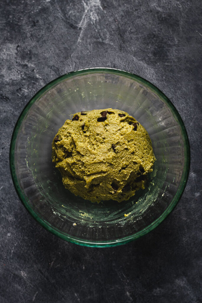 vegan matcha cookie dough in a bowl