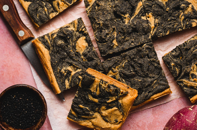 vegan sweet potato mochi cake cut into squares