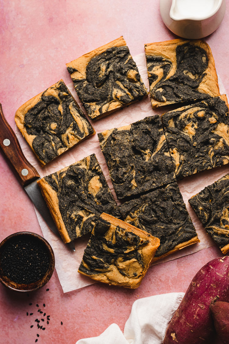 sweet potato mochi cake cut into squares