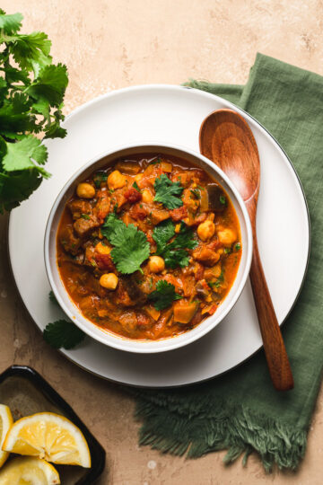 eggplant chana masala in a bowl