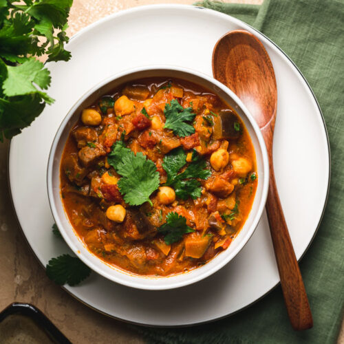 eggplant chana masala in a bowl