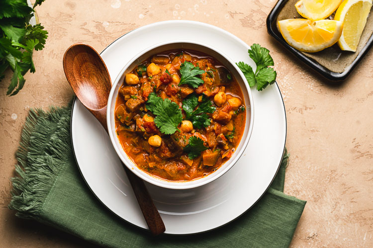 eggplant chana masala in a bowl