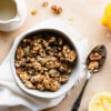 lemon tahini granola in a bowl flatlay