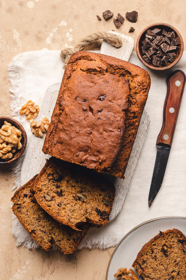 vegan banana bread flatlay