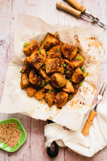 flatlay of sesame miso potatoes in a skillet