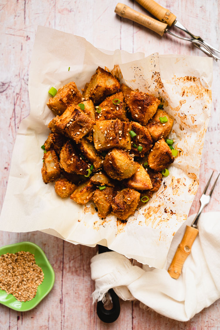 sesame miso potatoes in a skillet
