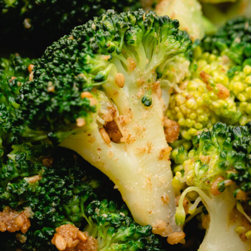 close up overhead shot of broccoli gomaae