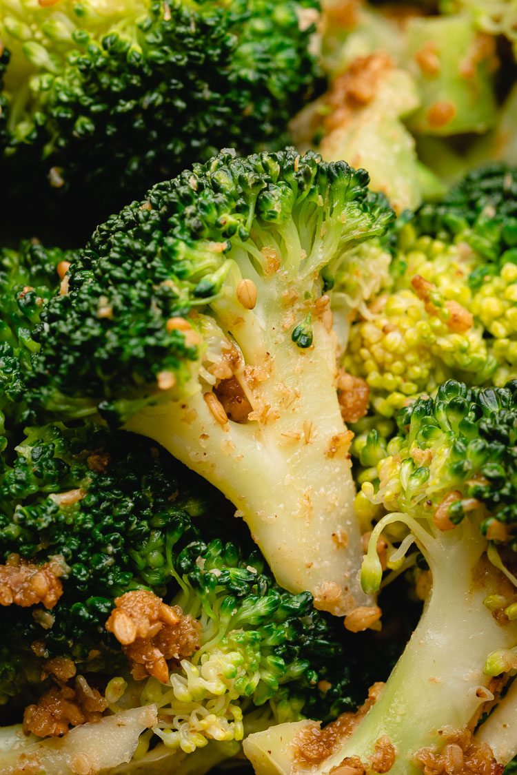 close up overhead shot of broccoli gomaae