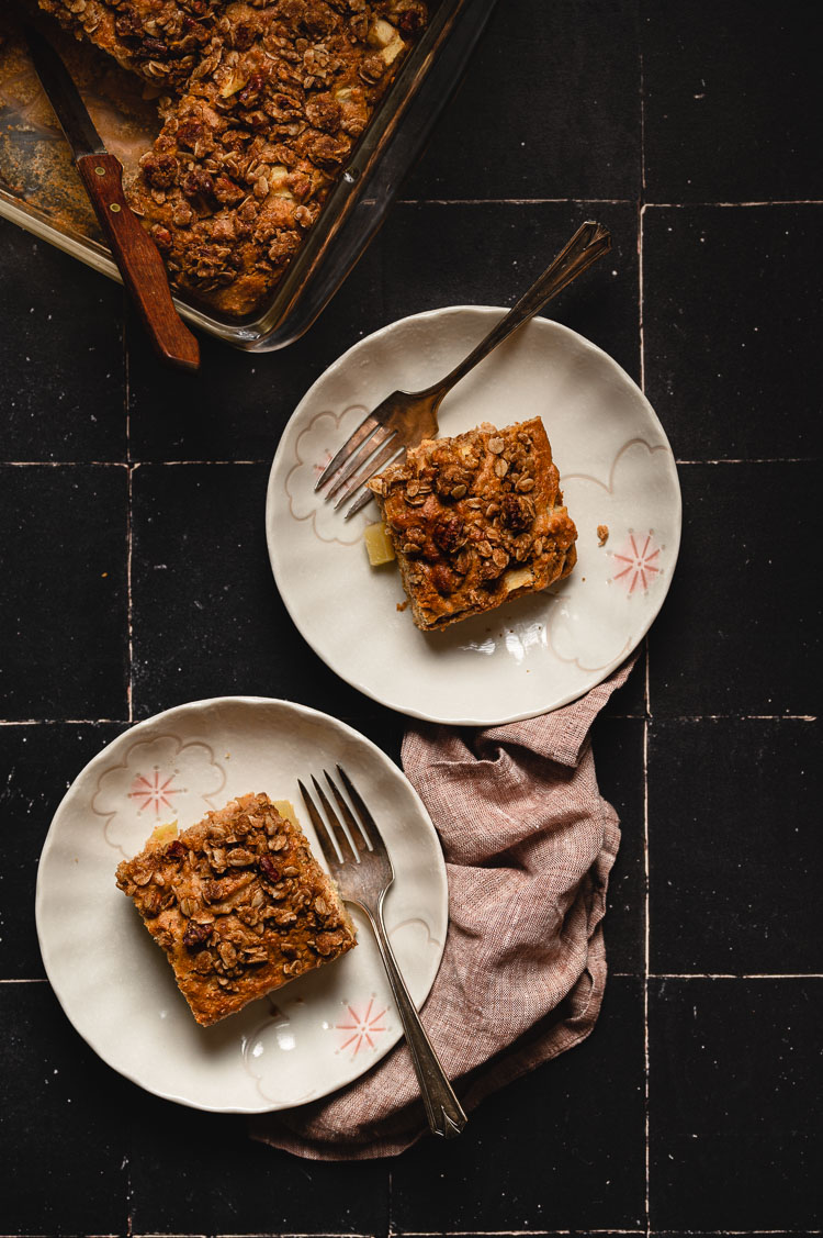 flatlay of coffee cake slices on plates