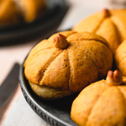 close up of pumpkin melon pan on a plate