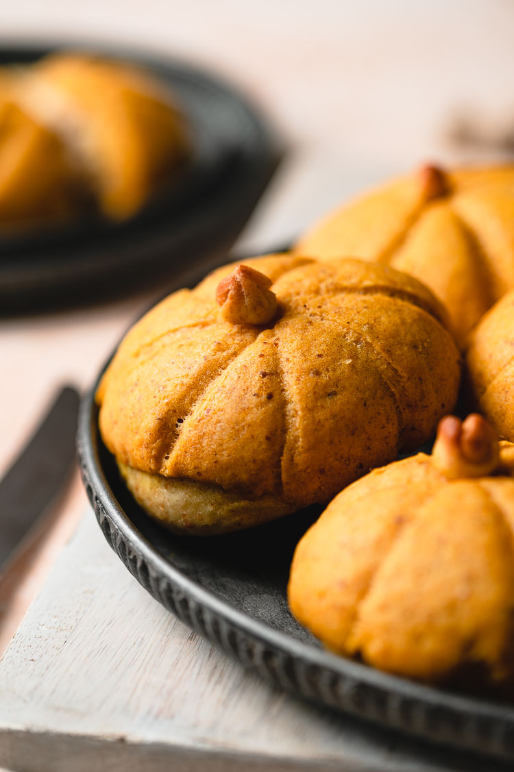 close up of pumpkin melon pan on a plate