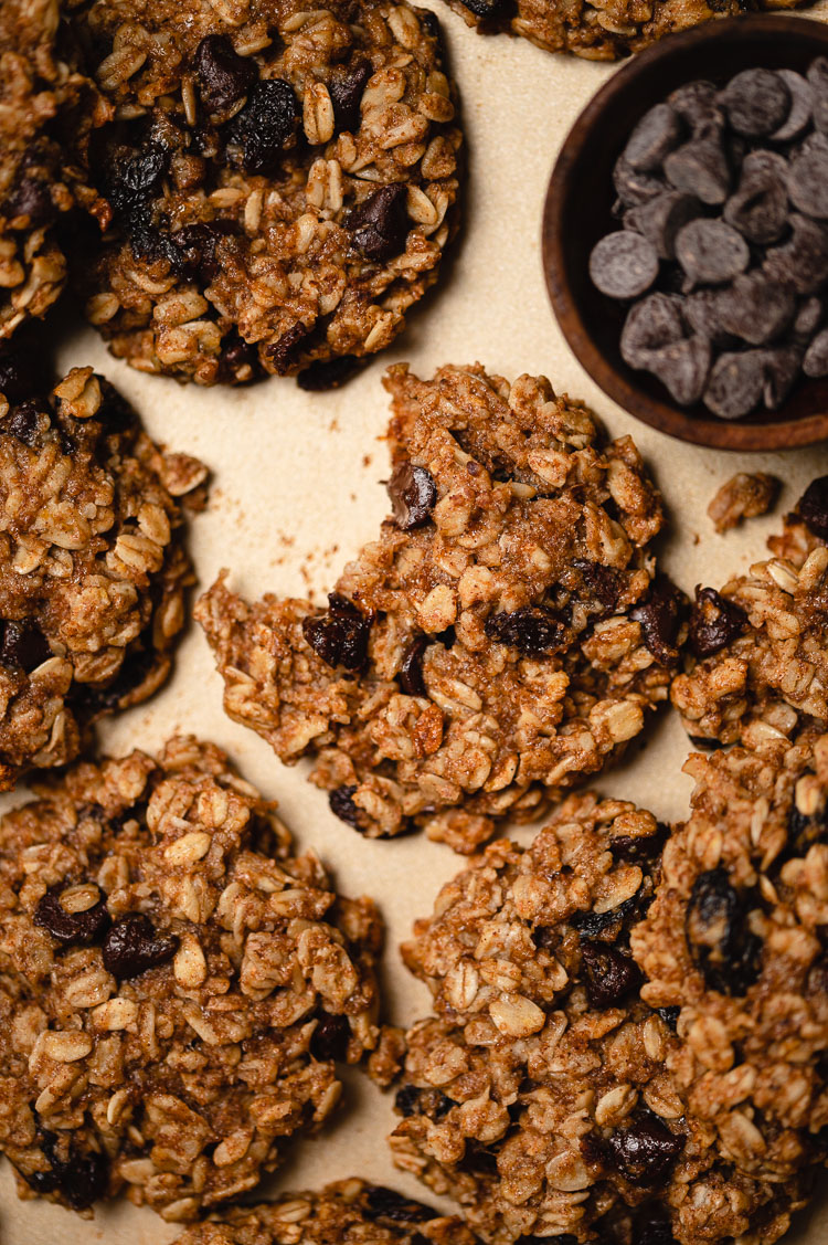 overhead shot of banana oatmeal cookies with a bite taken out of one