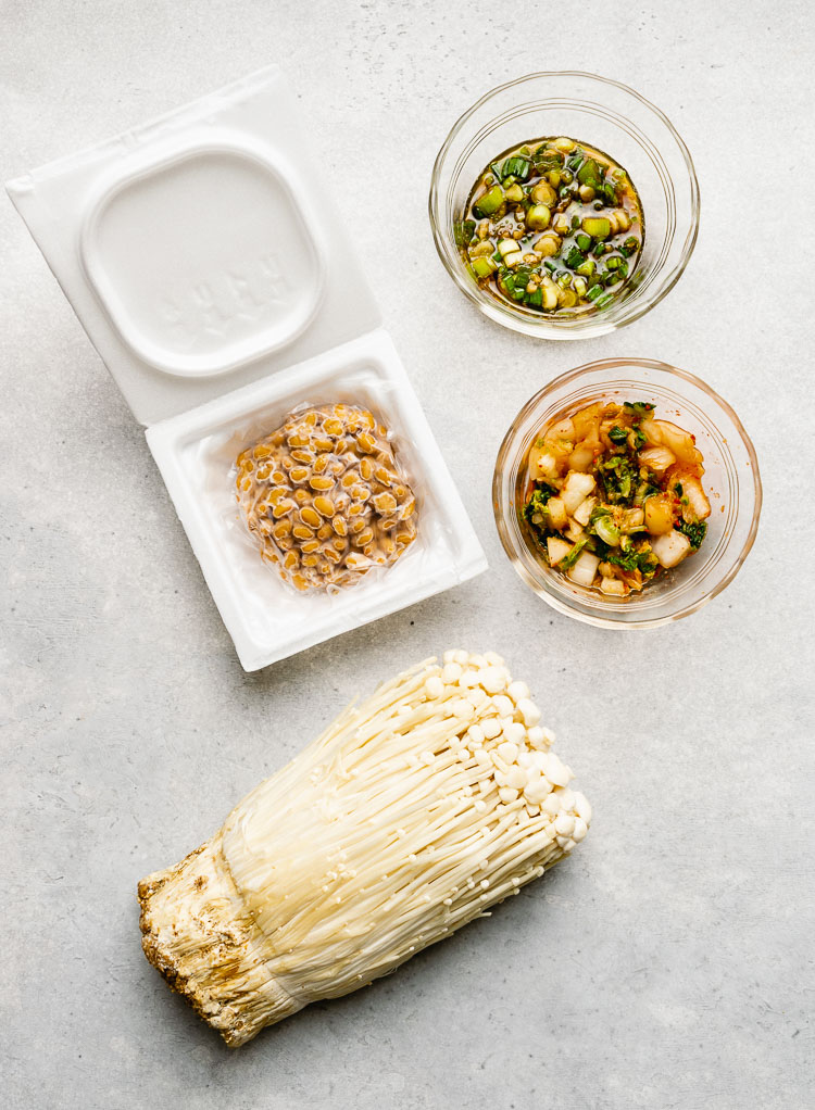 ingredients for natto, kimchi, and enoki dish