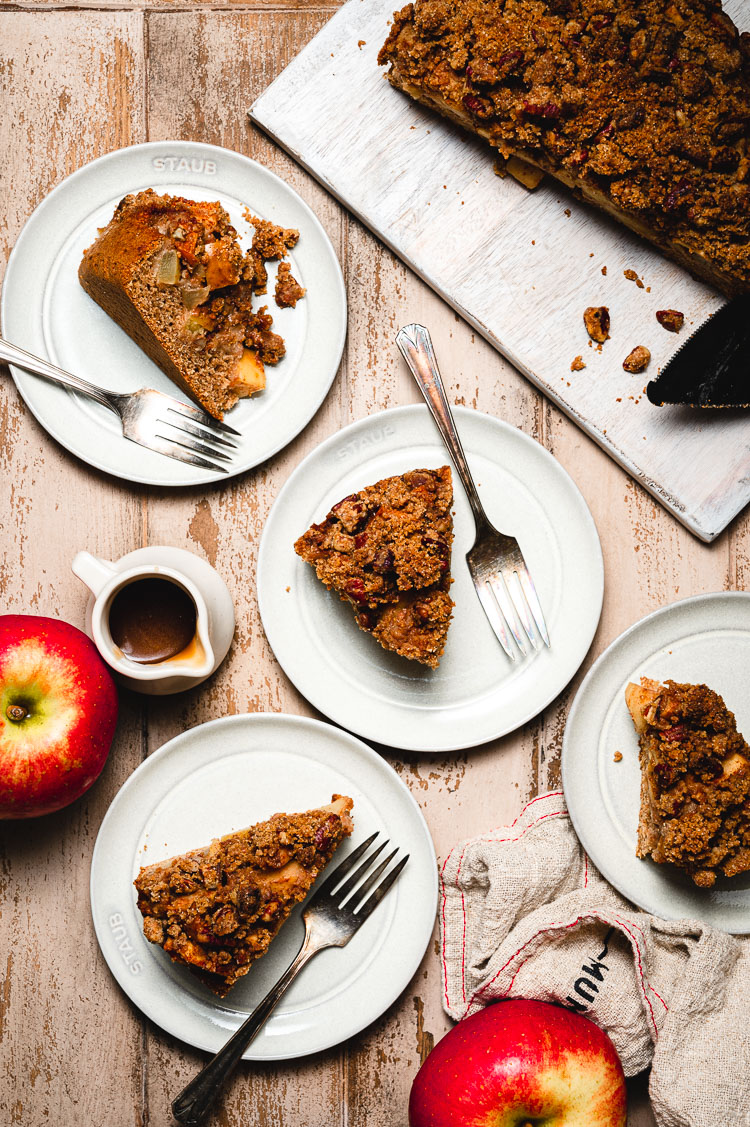 slices of caramel apple crumb cake on plates