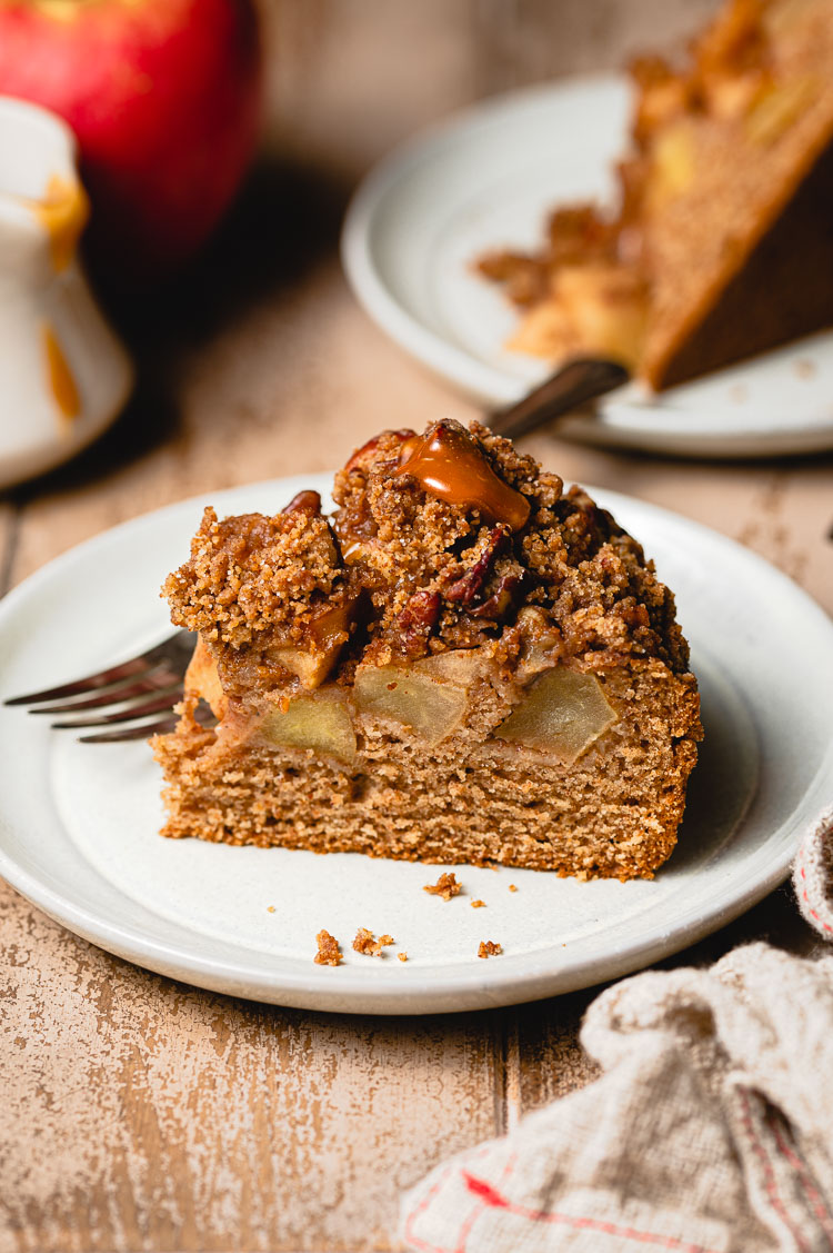 vegan caramel apple crumb cake slice close up