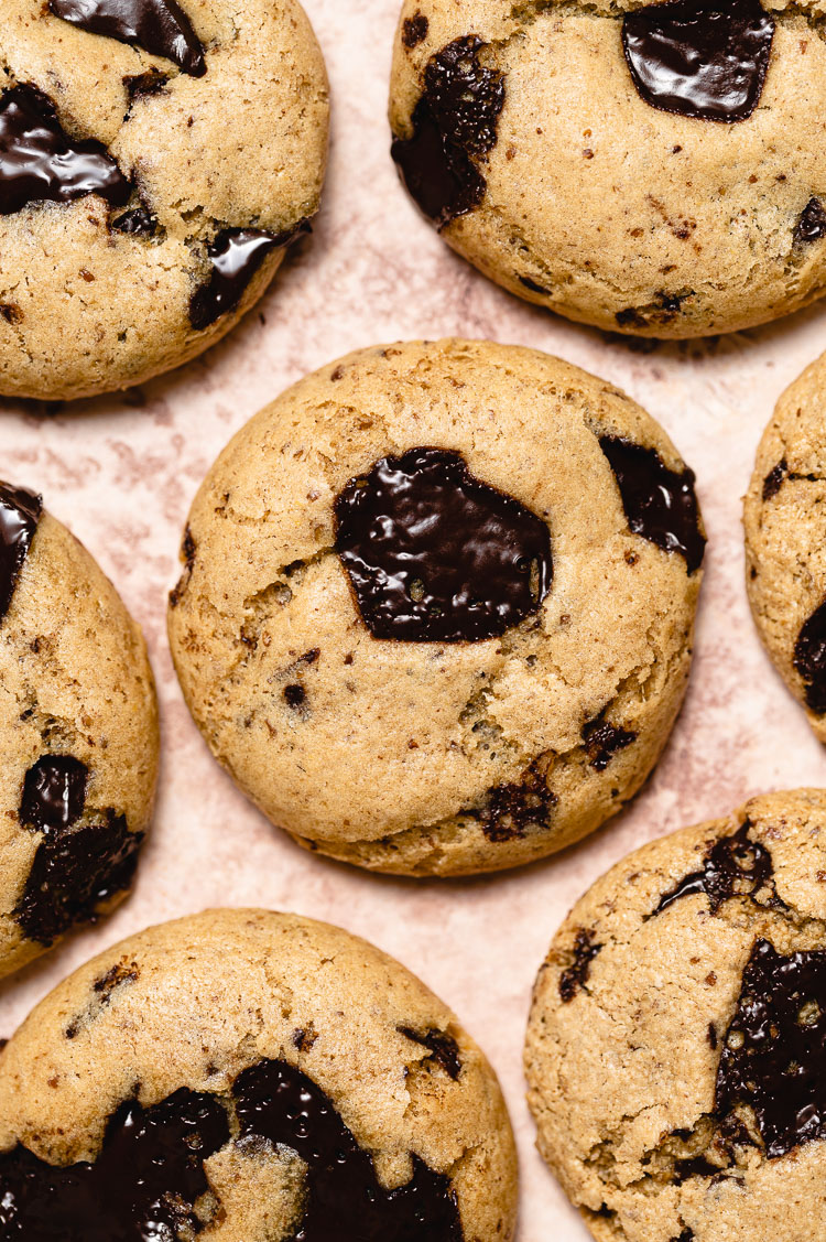 over head shot of a single layer of chocolate chip cookies
