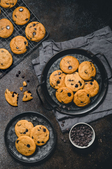 vegan chocolate chip cookies on platters