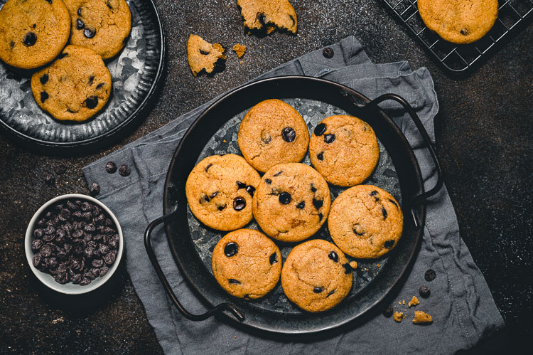 chocolate chip cookies on platters