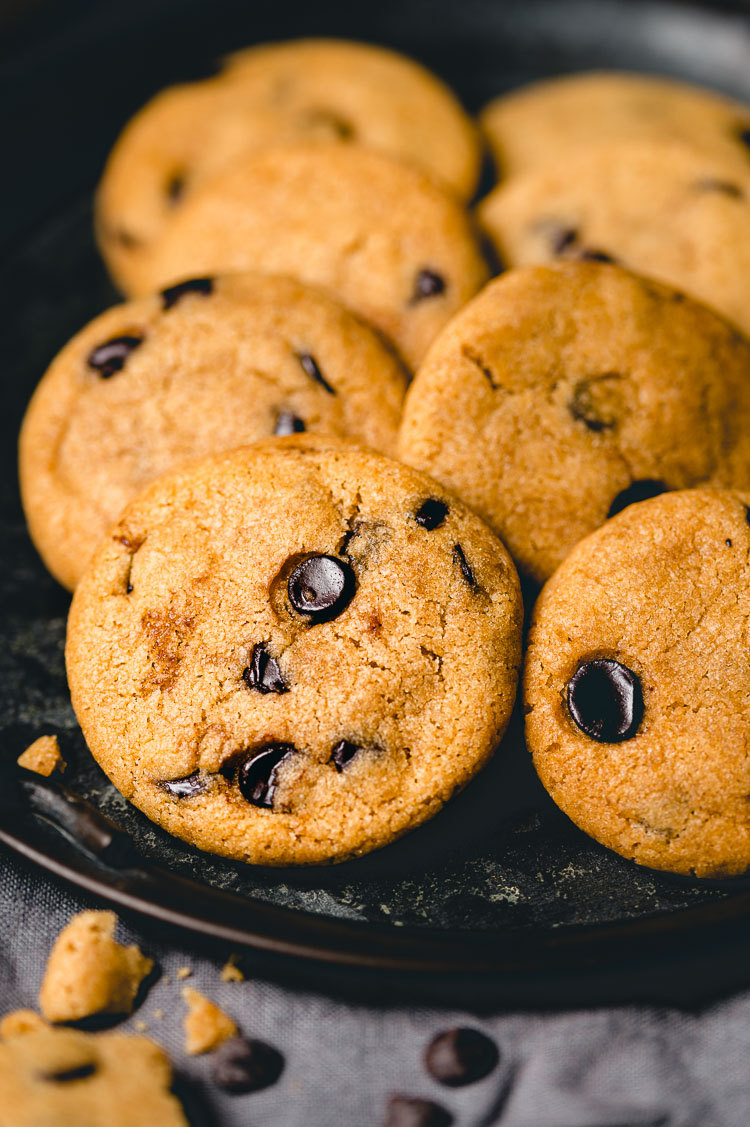 close up plate of vegan chocolate chip cookies