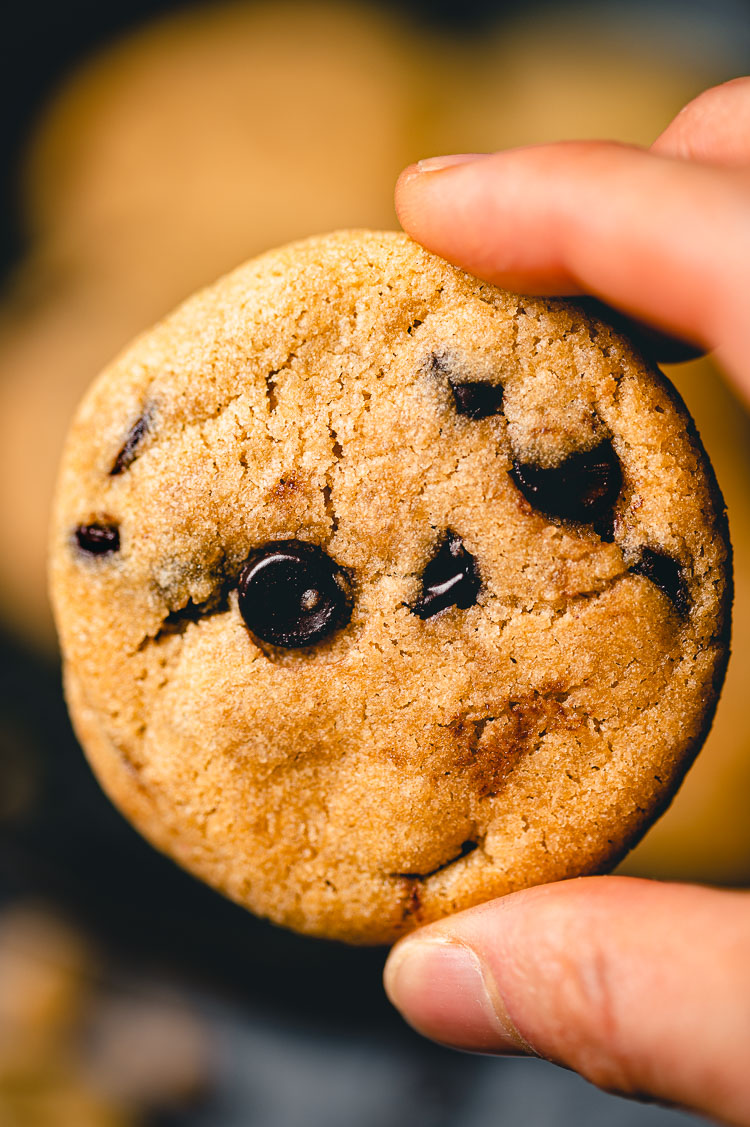 close up holding a vegan chocolate chip cookie