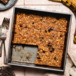 baked oatmeal in baking dish, cut into slices