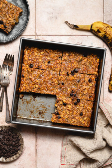 baked oatmeal in baking dish, cut into slices