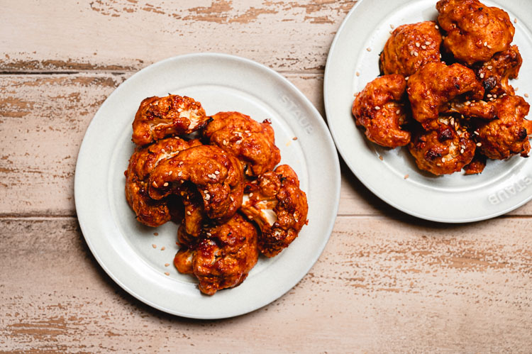 gochujang cauliflower wings on plates