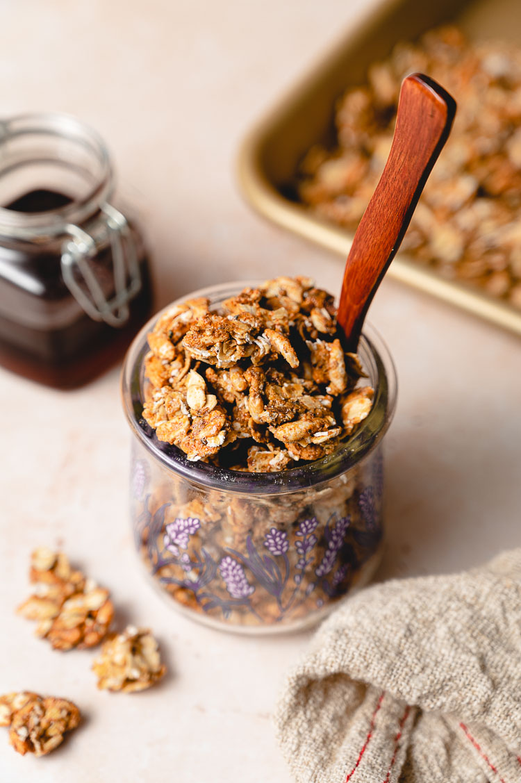 vegan maple granola in a jar